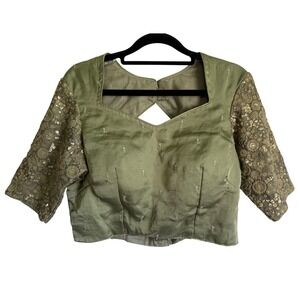Simran Olive Green Sequin Embroidered Saree Blouse Padded Choli Open Back Cutout